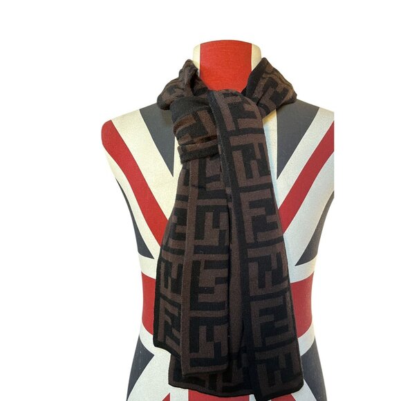 Fendi FF Monogram 100% Wool Scarf Extra Long Signature Logo Brown Like New - Picture 15 of 15